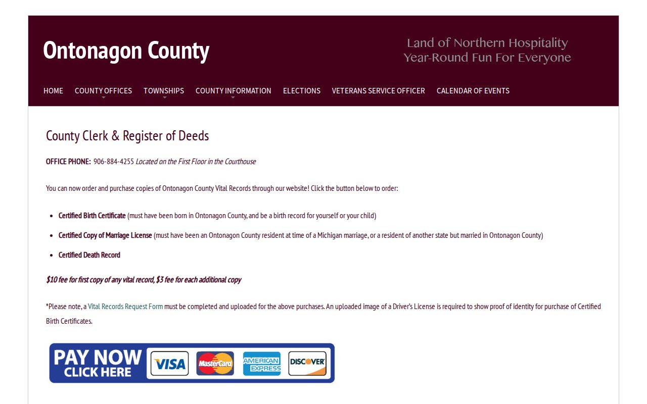 Ontonagon County clerk page for warrant record requests