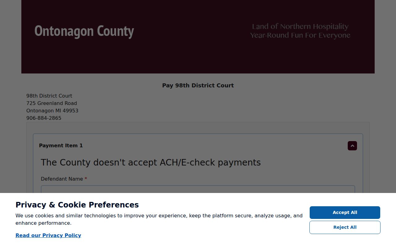 Ontonagon County district court payment screen for traffic warrant fines