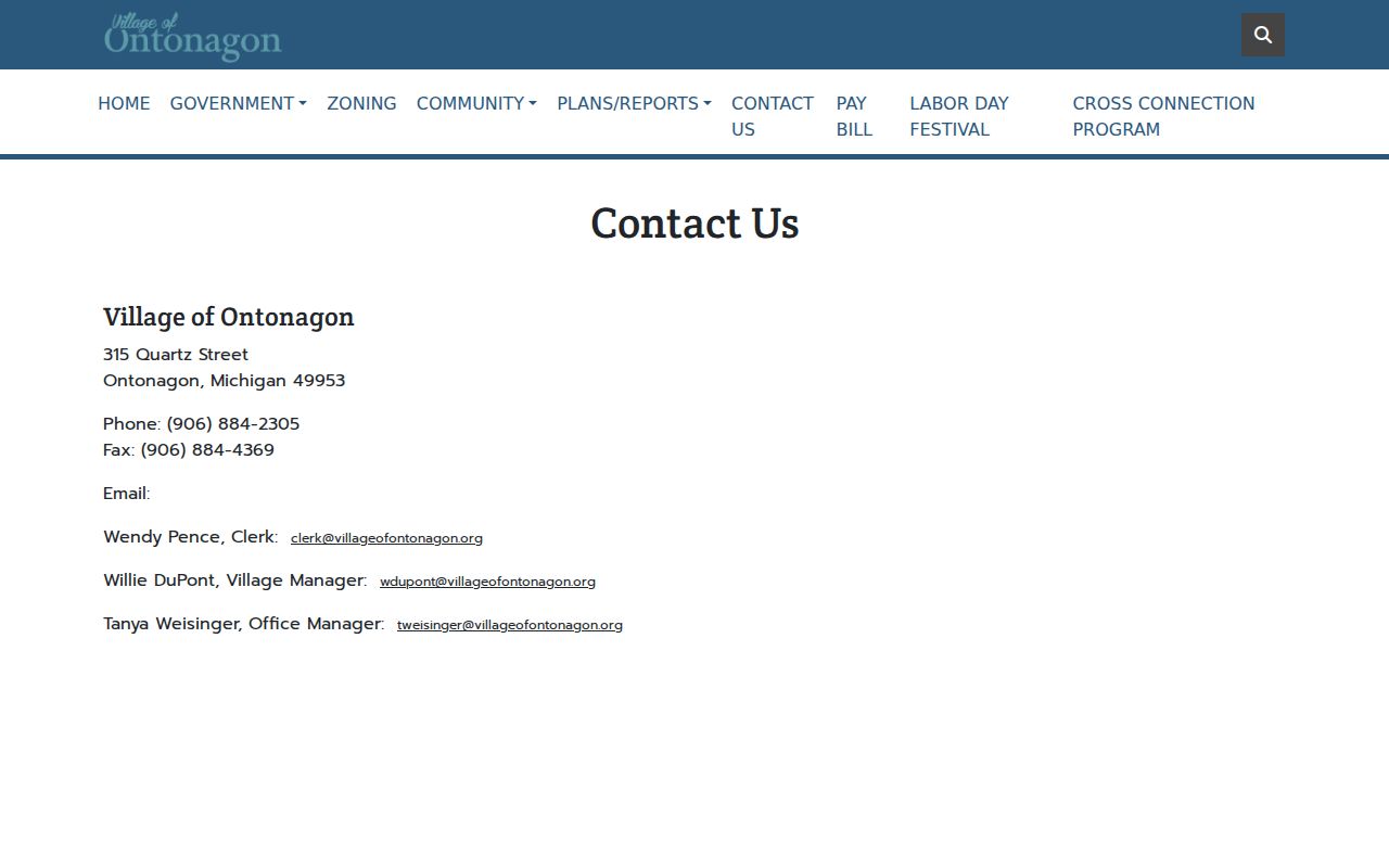 Ontonagon village hall contact page, which is not a warrant counter