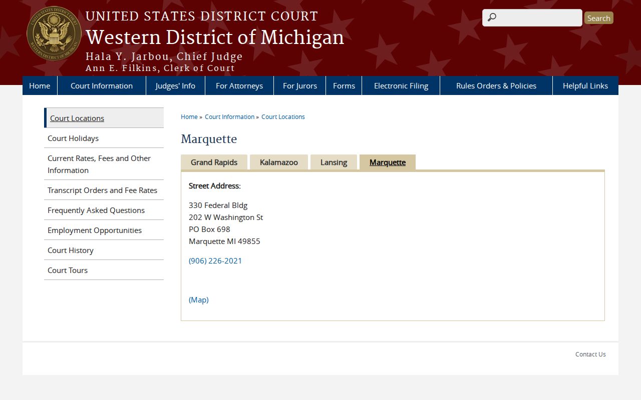 Ontonagon County federal warrant courthouse contact page for Marquette