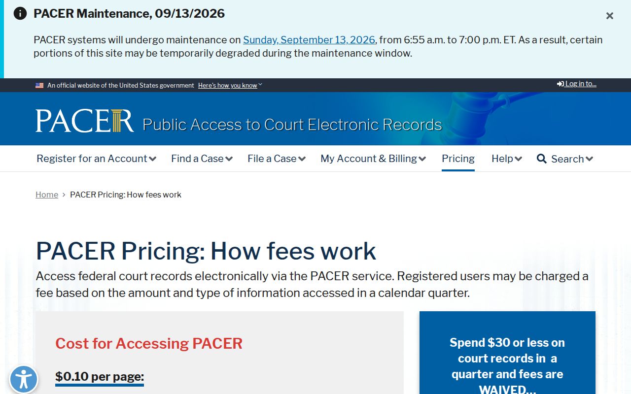 Ontonagon County federal warrant lookup fees on the PACER pricing page