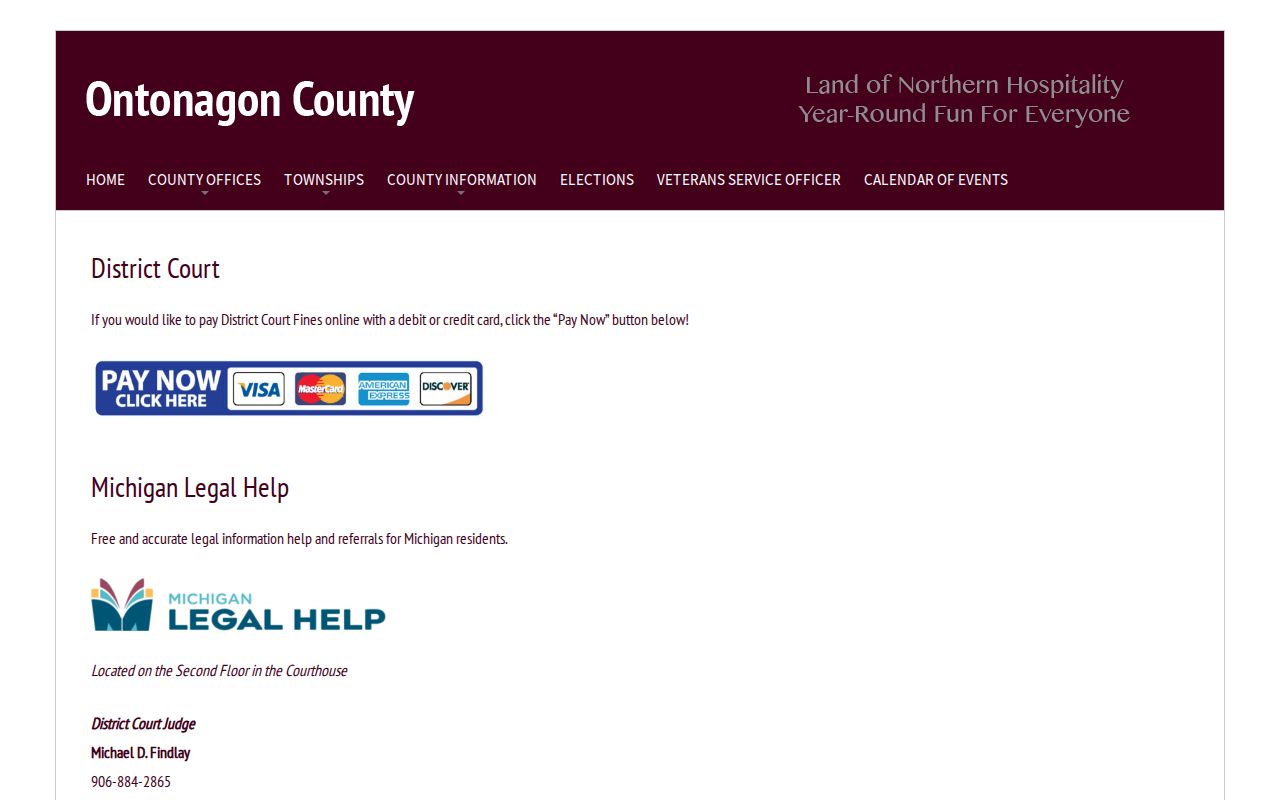 Ontonagon County 98-2 District Court warrant contact page