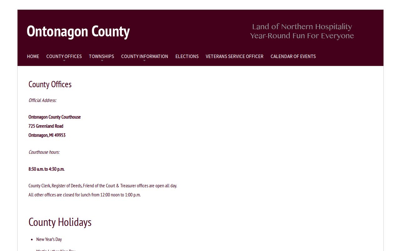 Ontonagon County office hours page for active warrant calls