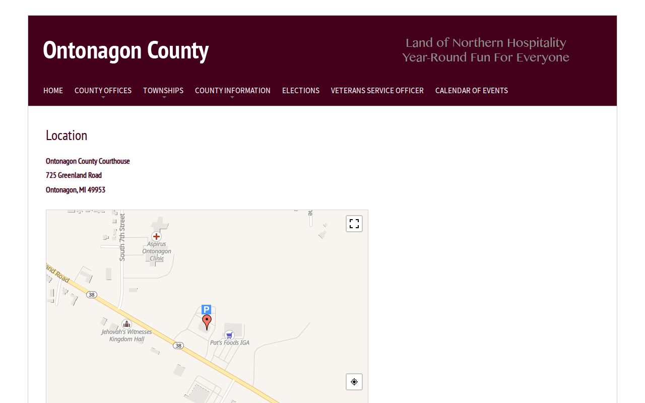 Ontonagon County courthouse address page for warrant record visits
